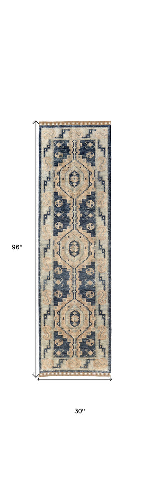 Homeroots 8' Blue And Ivory Wool Geometric Hand Knotted Runner Rug With Fringe Blue Wool 567069