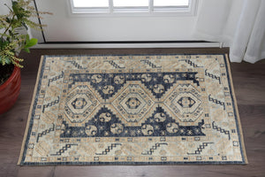 Homeroots 2' X 3' Blue And Ivory Wool Geometric Hand Knotted Area Rug With Fringe Blue Wool 567070