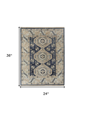 HomeRoots 3' Hand-Knotted Blue and Ivory Wool Area Rug - Geometric Design with Fringed Edges for Timeless Style 2' X 3' 567070
