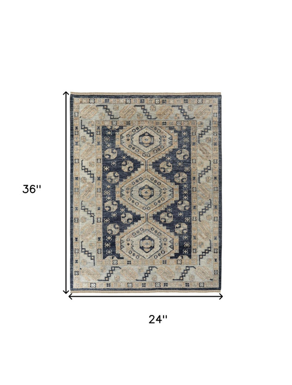 HomeRoots 3' Hand-Knotted Blue and Ivory Wool Area Rug - Geometric Design with Fringed Edges for Timeless Style 2' X 3' 567070