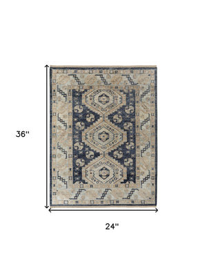 Homeroots 2' X 3' Blue And Ivory Wool Geometric Hand Knotted Area Rug With Fringe Blue Wool 567070