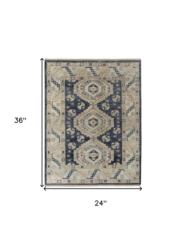 Homeroots 2' X 3' Blue And Ivory Wool Geometric Hand Knotted Area Rug With Fringe Blue Wool 567070