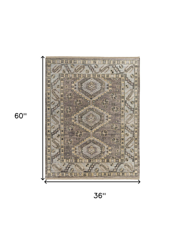Homeroots 3' X 5' Gray And Brown Wool Geometric Hand Knotted Area Rug With Fringe Brown Wool 567071