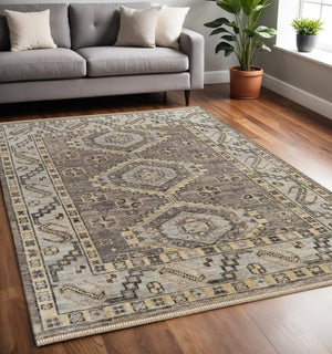 HomeRoots 3' Hand-Knotted Blue and Ivory Wool Area Rug - Geometric Design with Fringed Edges for Timeless Style 5' X 8' 567073