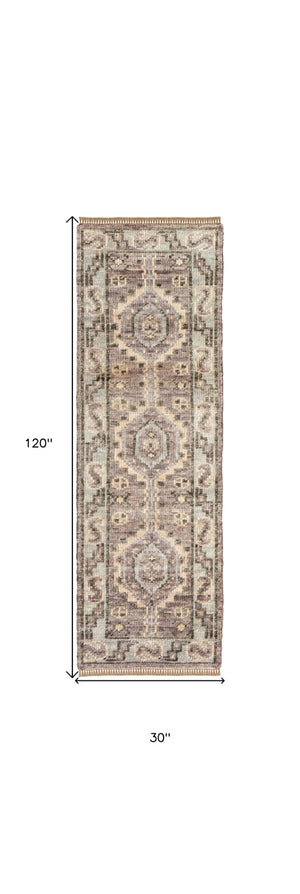 HomeRoots 3' Hand-Knotted Blue and Ivory Wool Area Rug - Geometric Design with Fringed Edges for Timeless Style 10' Runner 567077