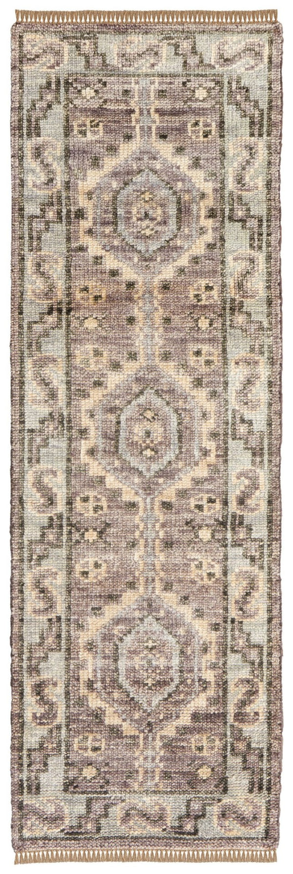 HomeRoots 3' Hand-Knotted Blue and Ivory Wool Area Rug - Geometric Design with Fringed Edges for Timeless Style 10' Runner 567077