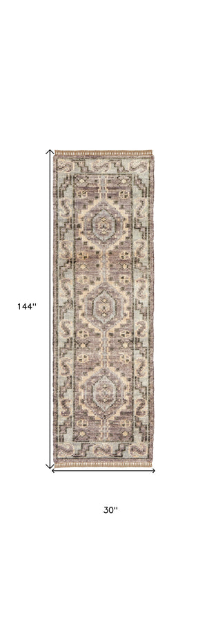 Homeroots 12' Ivory Gray And Brown Wool Geometric Hand Knotted Runner Rug With Fringe Brown Wool 567078