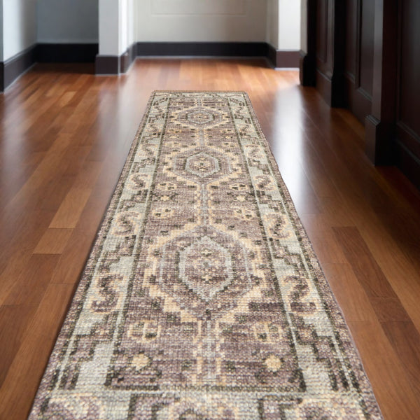 Homeroots 14' Ivory Gray And Brown Wool Geometric Hand Knotted Runner Rug With Fringe Brown Wool 567079
