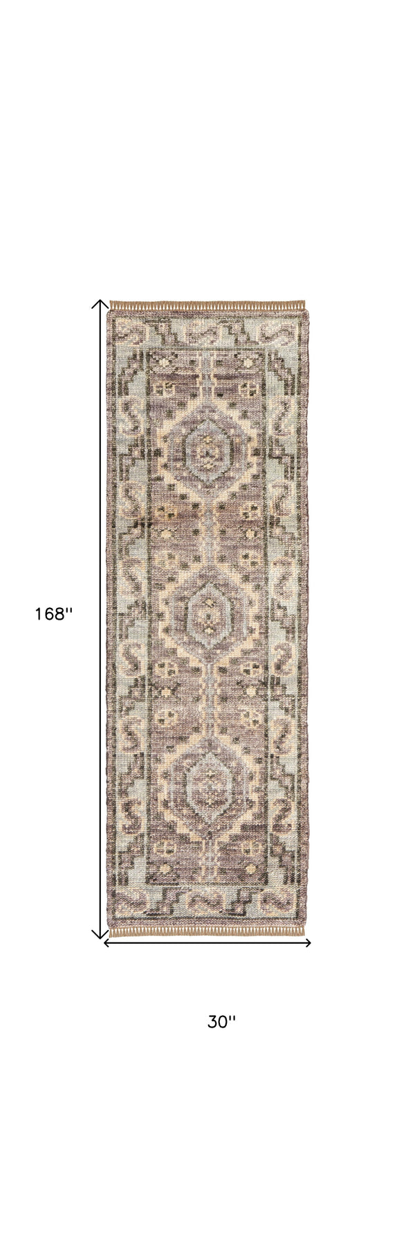 Homeroots 14' Ivory Gray And Brown Wool Geometric Hand Knotted Runner Rug With Fringe Brown Wool 567079
