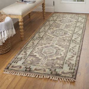 Homeroots 8' Ivory Gray And Brown Wool Geometric Hand Knotted Runner Rug With Fringe Brown Wool 567080