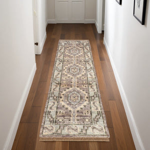 Homeroots 8' Ivory Gray And Brown Wool Geometric Hand Knotted Runner Rug With Fringe Brown Wool 567080