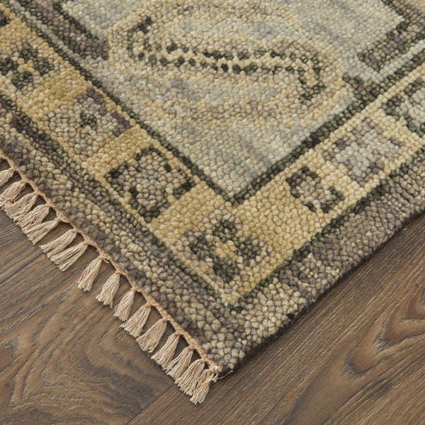 Homeroots 8' Ivory Gray And Brown Wool Geometric Hand Knotted Runner Rug With Fringe Brown Wool 567080