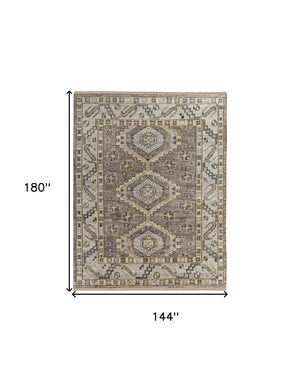 Homeroots 12' X 15' Gray And Brown Wool Geometric Hand Knotted Area Rug With Fringe Brown Wool 567081