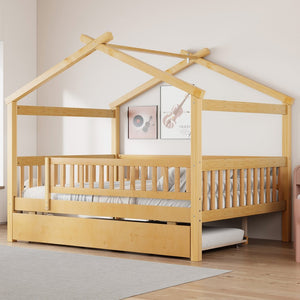 English Elm Full Size Pine House Bed with Roofline Frame and Roll Out Twin Trundle for Kids Natural LP100306AAN