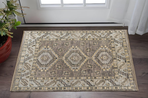 Homeroots 2' X 3' Gray And Brown Wool Geometric Hand Knotted Area Rug With Fringe Brown Wool 567082