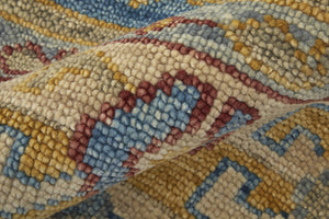 Homeroots 3' X 5' Blue Red And Yellow Wool Geometric Hand Knotted Area Rug With Fringe Blue Wool 567083