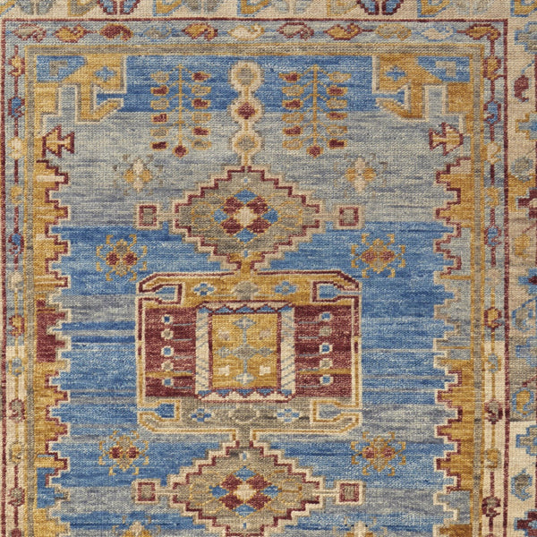 Homeroots 3' X 5' Blue Red And Yellow Wool Geometric Hand Knotted Area Rug With Fringe Blue Wool 567083