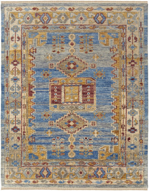 HomeRoots 3' Hand-Knotted Wool Area Rug with Geometric Blue, Red, and Yellow Design for Stylish Interiors 3' X 5' 567083