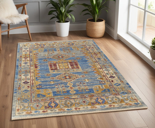 Homeroots 4' X 6' Blue Red And Yellow Wool Geometric Hand Knotted Area Rug With Fringe Blue Wool 567084