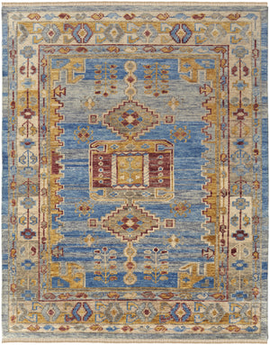 Homeroots 4' X 6' Blue Red And Yellow Wool Geometric Hand Knotted Area Rug With Fringe Blue Wool 567084