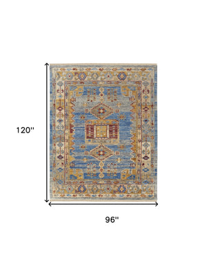 Homeroots 8' X 10' Blue Red And Yellow Wool Geometric Hand Knotted Area Rug With Fringe Blue Wool 567086