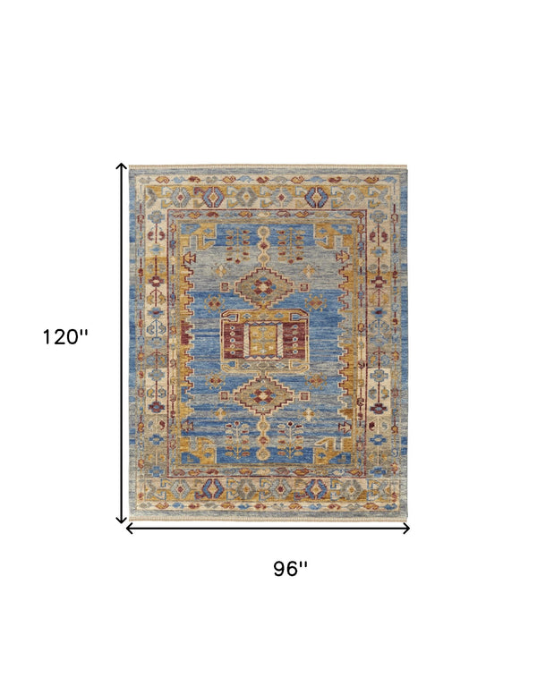 Homeroots 8' X 10' Blue Red And Yellow Wool Geometric Hand Knotted Area Rug With Fringe Blue Wool 567086