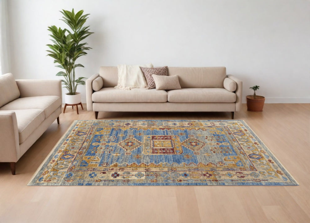 HomeRoots 3' Hand-Knotted Wool Area Rug with Geometric Blue, Red, and Yellow Design for Stylish Interiors 9' X 12' 567087