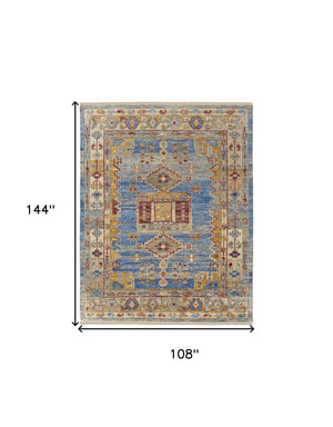 Homeroots 9' X 12' Blue Red And Yellow Wool Geometric Hand Knotted Area Rug With Fringe Blue Wool 567087