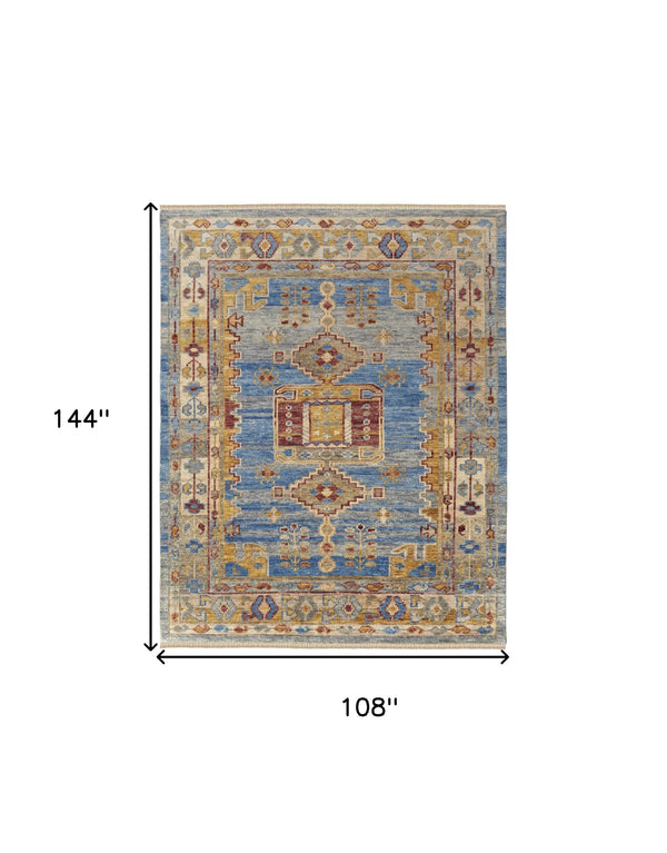 Homeroots 9' X 12' Blue Red And Yellow Wool Geometric Hand Knotted Area Rug With Fringe Blue Wool 567087