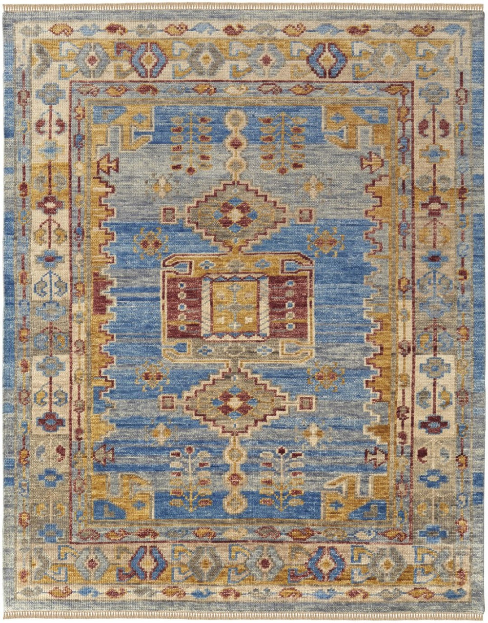 HomeRoots 3' Hand-Knotted Wool Area Rug with Geometric Blue, Red, and Yellow Design for Stylish Interiors 9' X 12' 567087