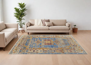 HomeRoots 3' Hand-Knotted Wool Area Rug with Geometric Blue, Red, and Yellow Design for Stylish Interiors 10' X 14' 567088