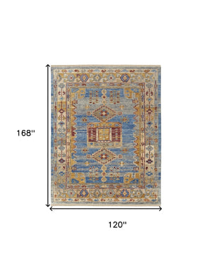 HomeRoots 3' Hand-Knotted Wool Area Rug with Geometric Blue, Red, and Yellow Design for Stylish Interiors 10' X 14' 567088