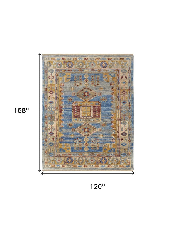 HomeRoots 3' Hand-Knotted Wool Area Rug with Geometric Blue, Red, and Yellow Design for Stylish Interiors 10' X 14' 567088