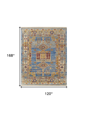 Homeroots 10' X 14' Blue Red And Yellow Wool Geometric Hand Knotted Area Rug With Fringe Blue Wool 567088