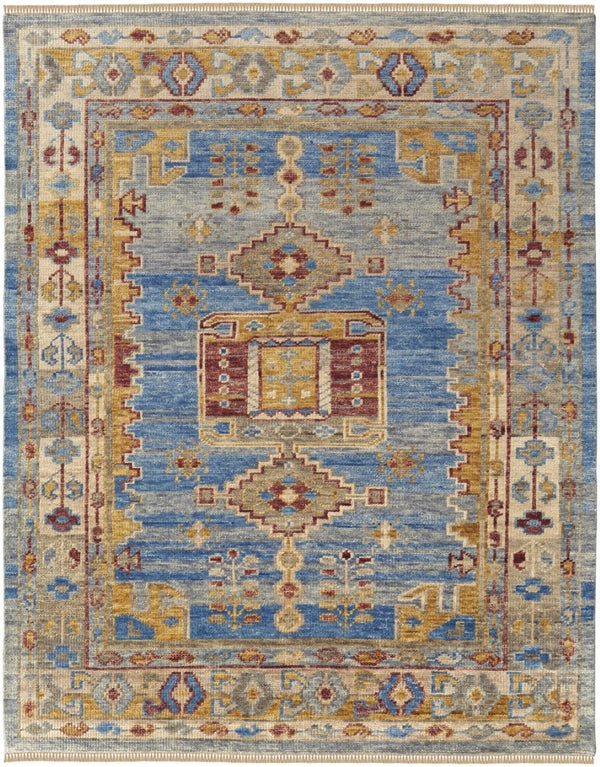 HomeRoots 3' Hand-Knotted Wool Area Rug with Geometric Blue, Red, and Yellow Design for Stylish Interiors 10' X 14' 567088
