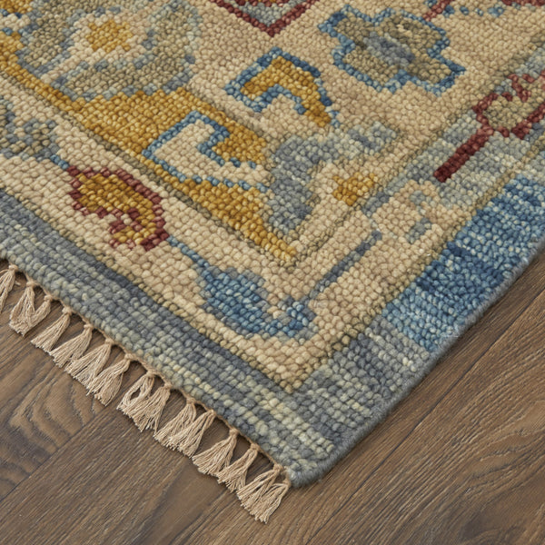Homeroots 10' Blue Red And Yellow Wool Geometric Hand Knotted Runner Rug With Fringe Blue Wool 567089
