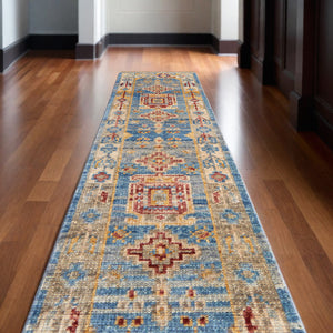 Homeroots 10' Blue Red And Yellow Wool Geometric Hand Knotted Runner Rug With Fringe Blue Wool 567089