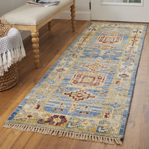 Homeroots 10' Blue Red And Yellow Wool Geometric Hand Knotted Runner Rug With Fringe Blue Wool 567089