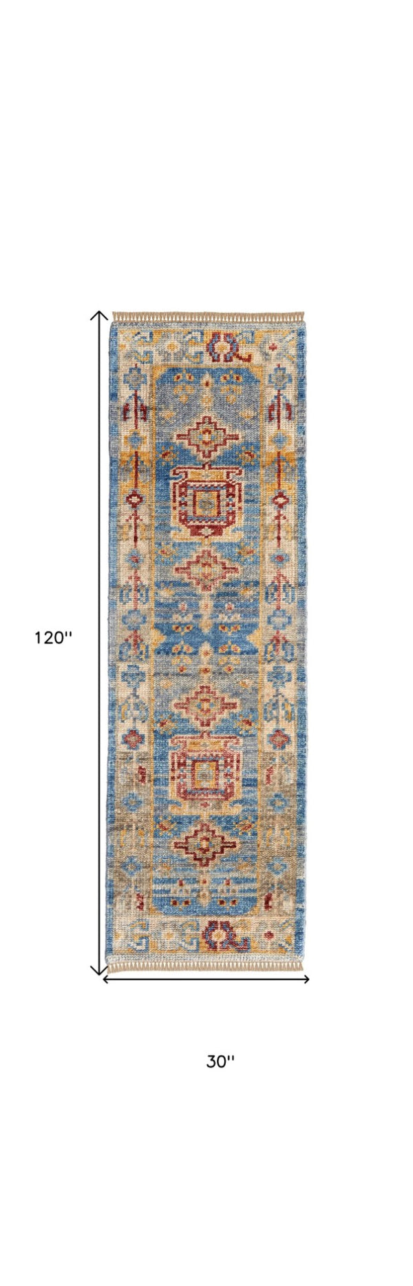 HomeRoots 3' Hand-Knotted Wool Area Rug with Geometric Blue, Red, and Yellow Design for Stylish Interiors 10' Runner 567089