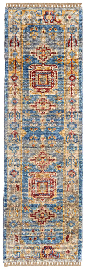 Homeroots 10' Blue Red And Yellow Wool Geometric Hand Knotted Runner Rug With Fringe Blue Wool 567089
