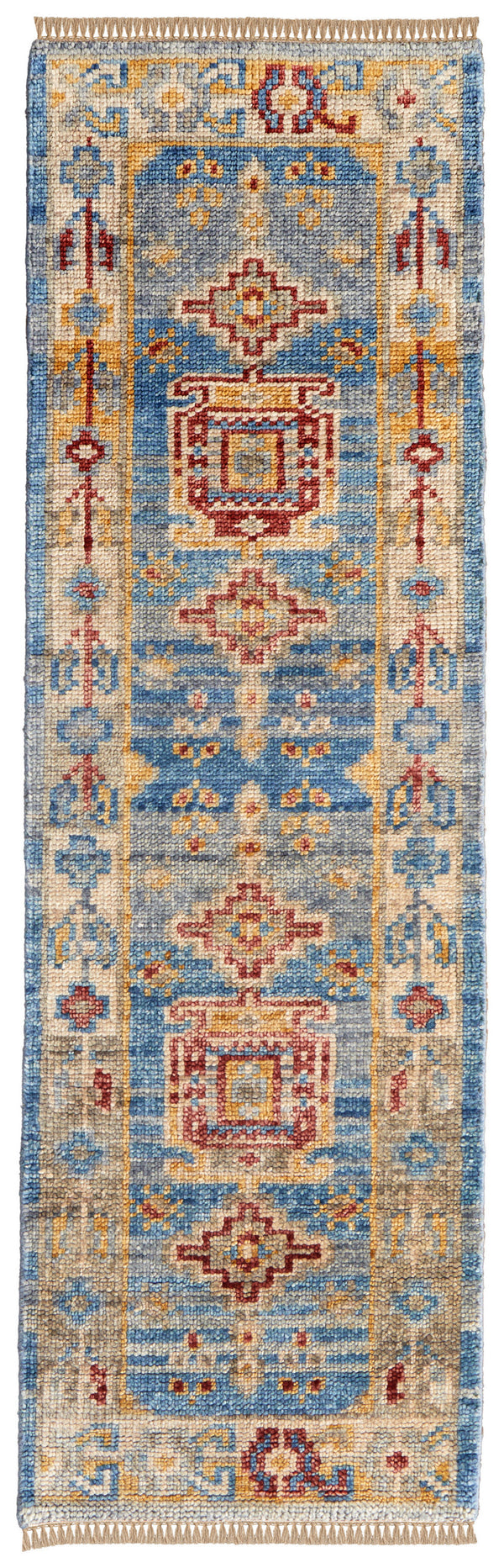Homeroots 10' Blue Red And Yellow Wool Geometric Hand Knotted Runner Rug With Fringe Blue Wool 567089