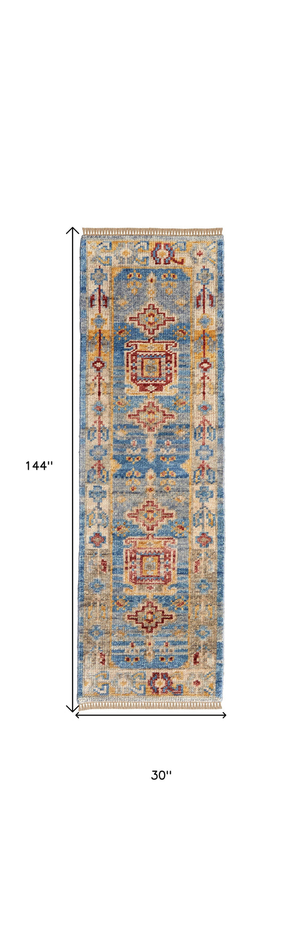 Homeroots 12' Blue Red And Yellow Wool Geometric Hand Knotted Runner Rug With Fringe Blue Wool 567090