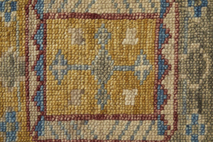 Homeroots 14' Blue Red And Yellow Wool Geometric Hand Knotted Runner Rug With Fringe Blue Wool 567091