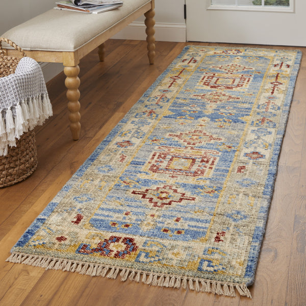 Homeroots 14' Blue Red And Yellow Wool Geometric Hand Knotted Runner Rug With Fringe Blue Wool 567091