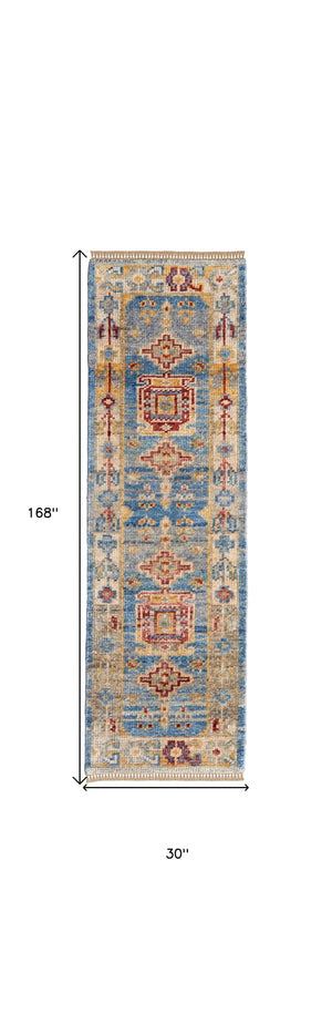 Homeroots 14' Blue Red And Yellow Wool Geometric Hand Knotted Runner Rug With Fringe Blue Wool 567091