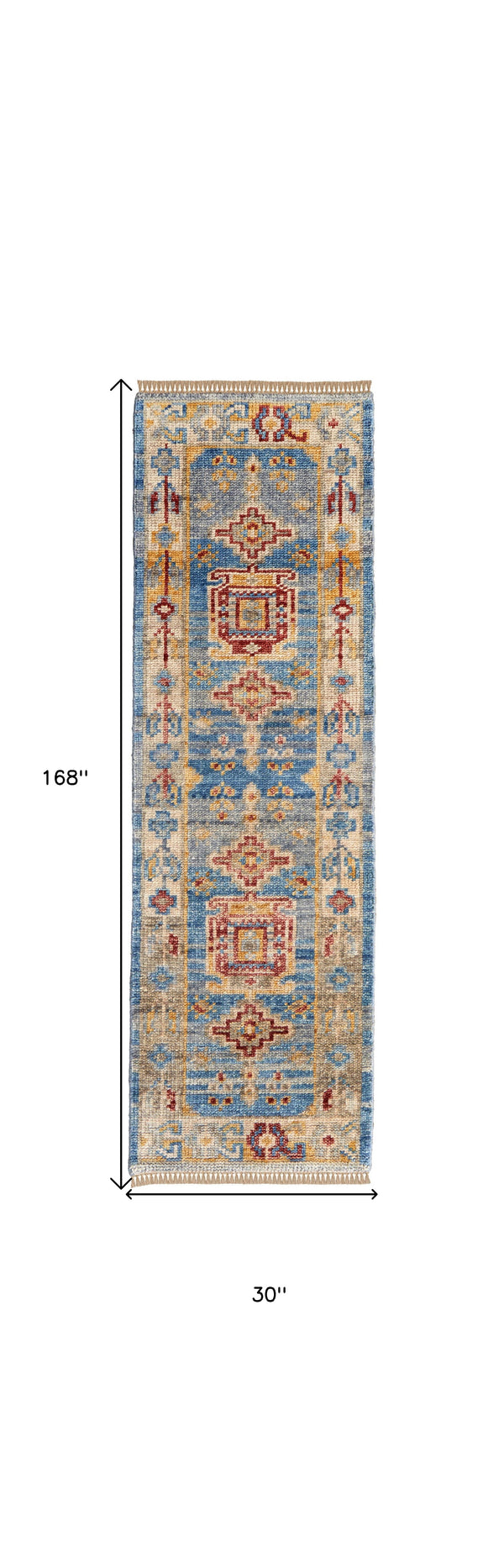 Homeroots 14' Blue Red And Yellow Wool Geometric Hand Knotted Runner Rug With Fringe Blue Wool 567091