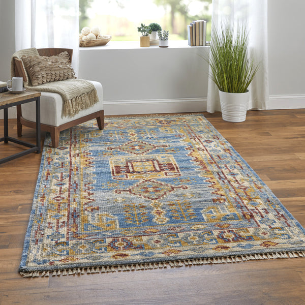 Homeroots 8' Blue Red And Yellow Wool Geometric Hand Knotted Runner Rug With Fringe Blue Wool 567092