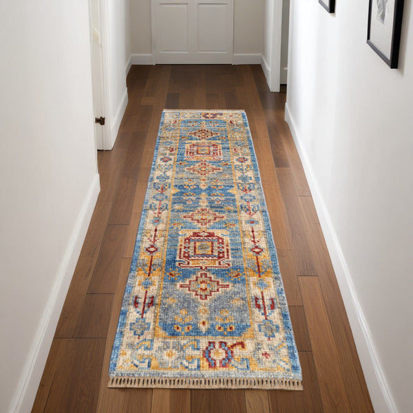 Homeroots 8' Blue Red And Yellow Wool Geometric Hand Knotted Runner Rug With Fringe Blue Wool 567092