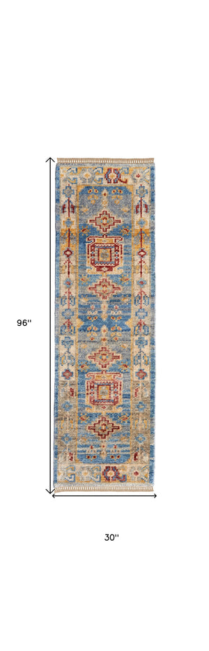 Homeroots 8' Blue Red And Yellow Wool Geometric Hand Knotted Runner Rug With Fringe Blue Wool 567092