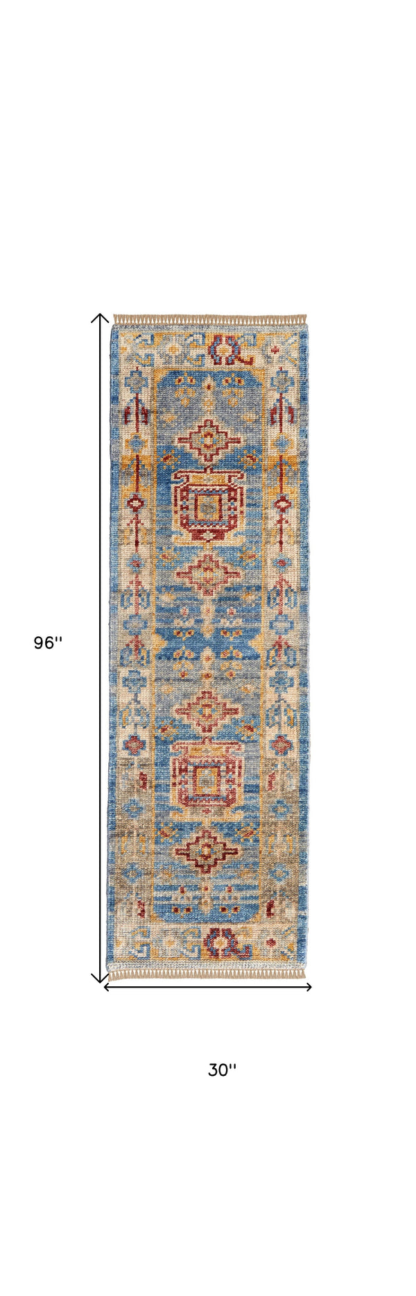 Homeroots 8' Blue Red And Yellow Wool Geometric Hand Knotted Runner Rug With Fringe Blue Wool 567092